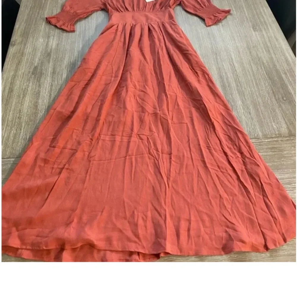 MELLODAY Coral Orange V neck Retro Feminine Maxi Dress short puff sleeves Size S - Picture 3 of 4